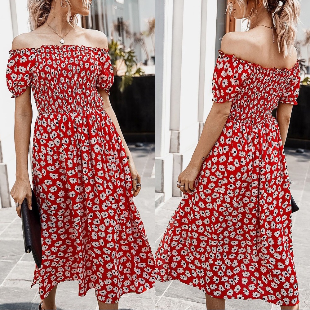 🌺🆕Floral Off The Shoulder Side Slit Dress